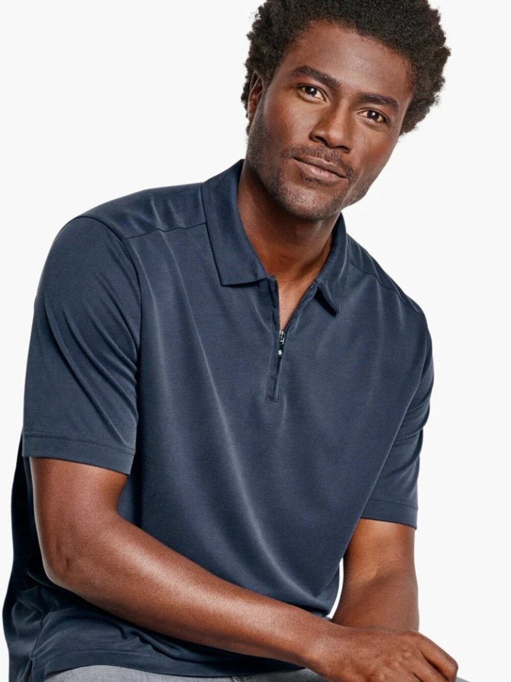 Johnston & Murphy Navy Vintage Birdseye Zip Polo